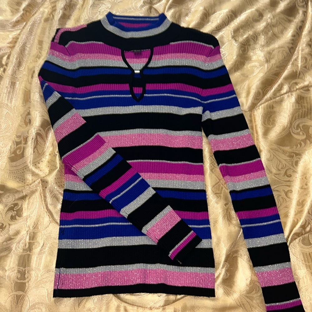 INC Women’s Cutout Mock Turtleneck Sweater. Multicolor Metallic Stripes. Size M.